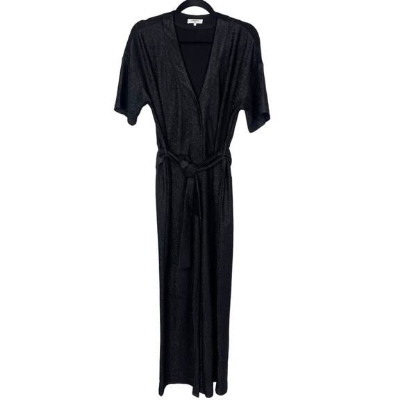 FRNCH Womens Small Black Alex Metallic Jumpsuit Tie Waist Faux Wrap Short Sleeve - Picture 1 of 13